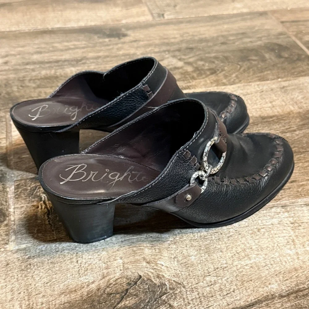 Brighton Vintage Gemini Pebbled Leather Horsebit Block Heel Mules, Black Brown,8 - Picture 3 of 10